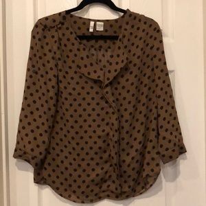 Sz S, brown and black polka-dot 3/4 sleeve blouse